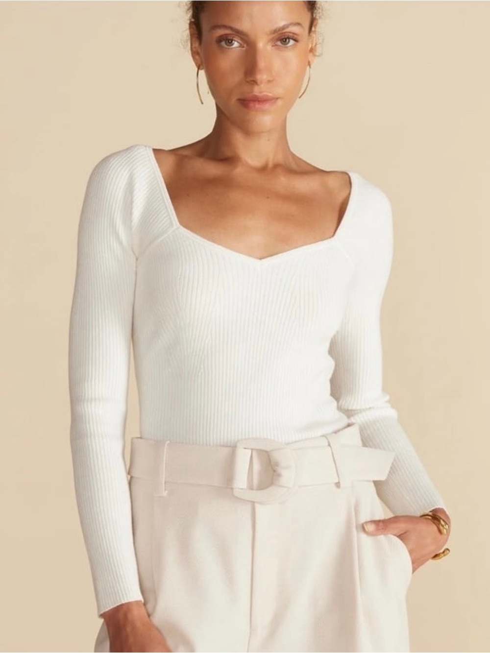 Amour Vert White Ribbed Sweetheart Neck Sweater